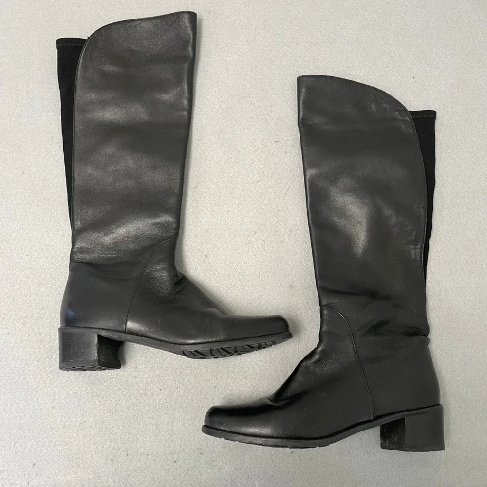 Stuart Weitzman Knee High Boots Women 8 Black Leather Block Heel Western